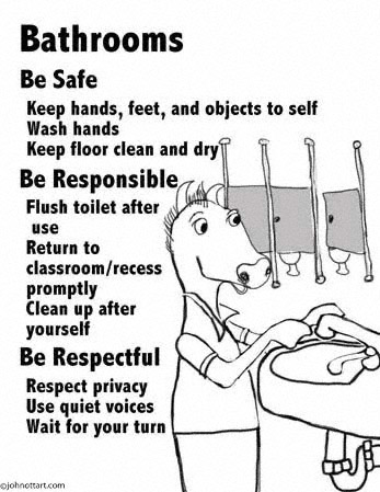 A colt washes his hands in the bathroom as the PBIS poster suggests