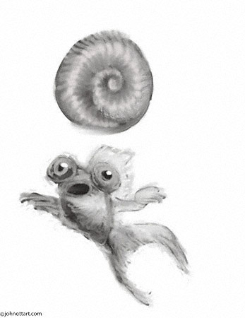 Monochrome pencil sketch of a small fish and a curious prehistoric shell