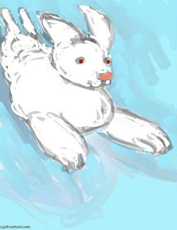 Painting of a happy frolicking white bunny