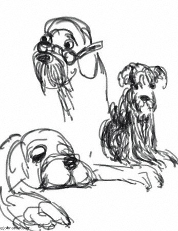 Black line study of three dogs lounging ,one has eye glasses