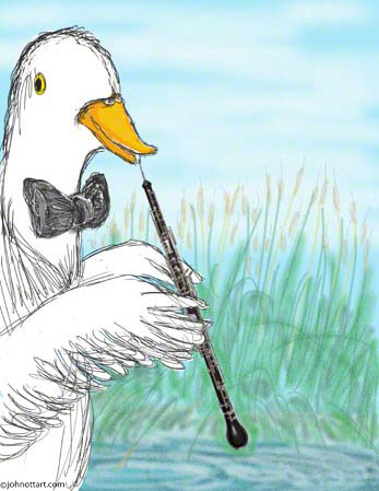 A whimsical Duck, from Peter and he wolf plays an Oboe