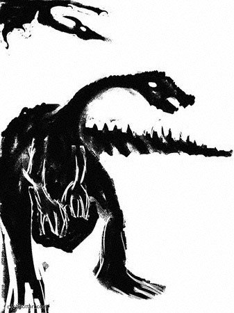 wood cut styled monochrome image of dangerous looking dinosaurs