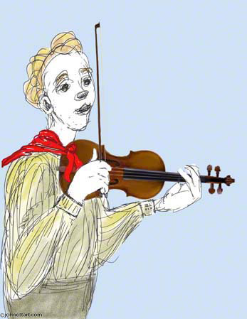 Color illustration of Peter, from Peter and the Wolf playing a realistic Violin