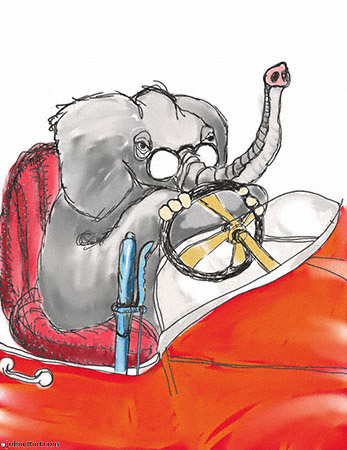 An elephant with spectacles squeezed into a car