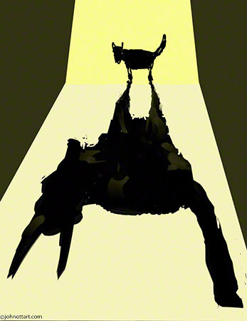 A drawing of small cat casting a big shadow