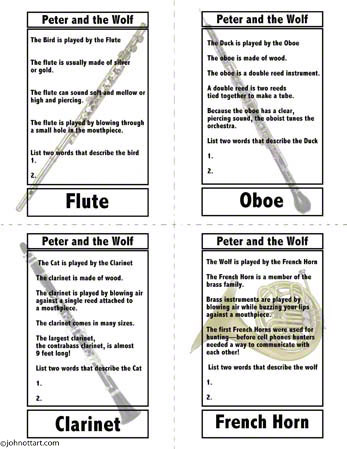 Peter and the Wolf trading cards, oboe, flute, french horn and clarinet fun facts