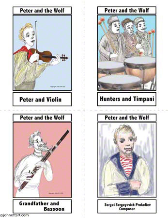 Peter and the Wolf trading cards, Timpani, violin, bassoon and composer pictures