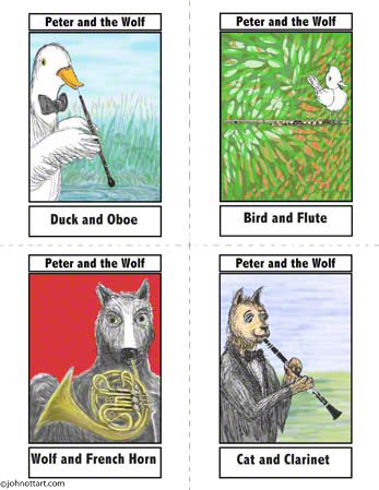 Peter and the Wolf trading cards, oboe, flute, french horn and clarinet illustrations