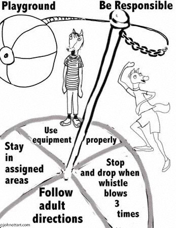 Colts see PBIS rules from a tether ball's point of view black line drawing